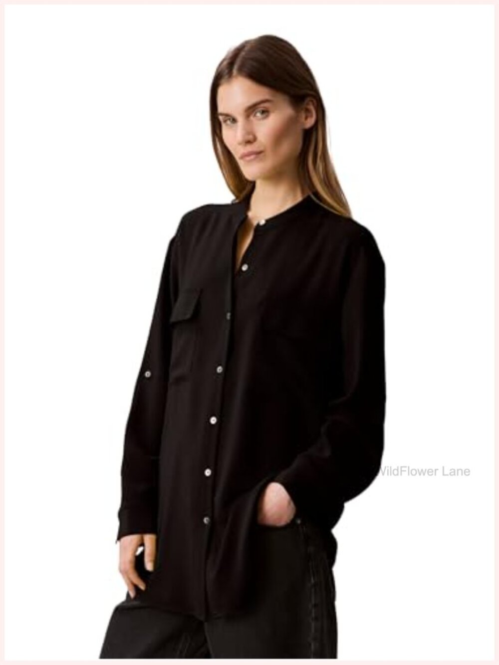 Calvin Klein Crepe Relaxed Button-Down Shirt Women's Long Sleeve Banded Collar
